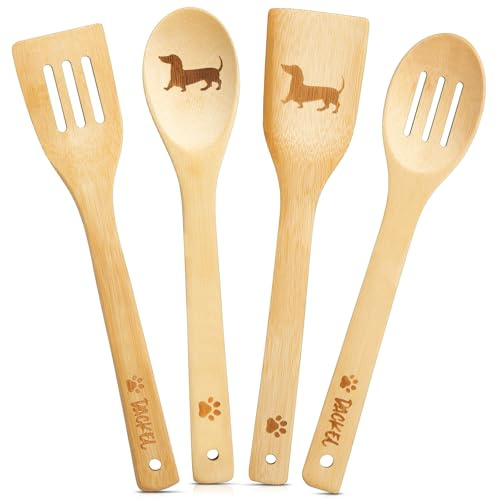 Geiserailie 4er Dackel Geschenk für Hundeliebhaber Frauen Männer, Lustig Kochlöffel und Pfannenwender aus Holz, Küchenhelfer mit Dackel Motiv, Kleines Geschenk für Köche, Weihnachten & Geburtstag