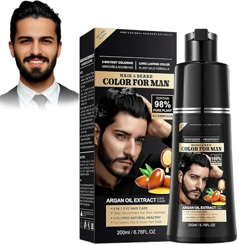Champú Tinte Negro 4 en 1 para Hombre, Cuidado Suave con Aceite de Argán, 200ml, Cubre Canas al Instante, Fácil de Usar, Tinte Pelo y Barba, Champú Anticanas Natural (Negro)