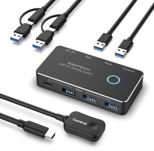 RSHTECH USB C Switch 2 Pc mit Desktop Kontroller - USB 3.0 Kvm Umschalter 2 Pc - Eine Tastatur für 2pcs Gleichzeitig - 2 In 4 Out - Aluminium - Kompatibel mit Windows, Mac, und Linux
