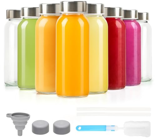 Zukro Glass Juice Bottles 10.5 oz, 8 Pack Reusable Small Clear Water Container With Stainless Steel Lids & Straw for Juicing, Smoothie, Travel, Homemade Drinks, Fridge, Leak Proof & BPA Free