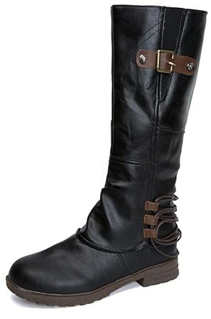 Bottes d'équitation pour femme avec boucle et détails en dentelle, bottes hautes à talon bas plat pour femme, design confortable à bout rond, panneau latéral élastique, coutures rétro, semelle