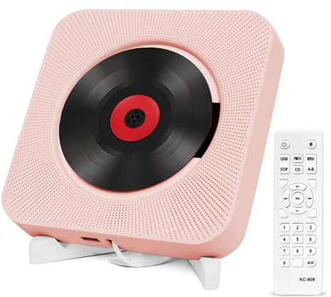 Adirigo Portable Desktop CD Player with Bluetooth - Kpop Music CD Player Build-in Double HiFi Speakers Multifunctional Wall-mounted CD players with Remote Control (Pink)