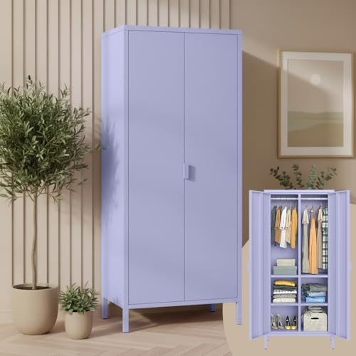 skølm Ituri Metallschrank, Kleiderschrank 80 cm breit, Lila, mit 6 Fächern | 2 Kleiderstangen, Garderobenschrank, Schlafzimmerschrank im Industrial Style, Stahlschrank für Wohnzimmer & Büro, Flurschrank