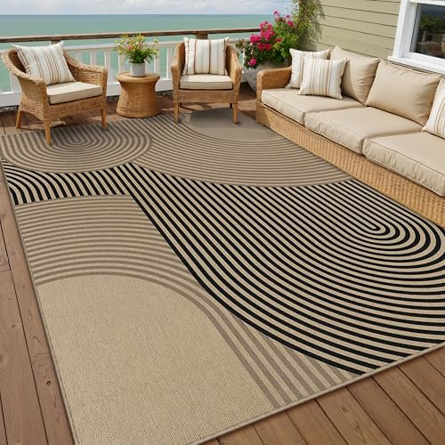PureCozy Outdoor Teppich Wohnzimmer 160x230cm Outdoorteppich Wetterfest Balkon Braun Schwarz Teppiche Jute Optik Waschbarer rutschfest Groß Carpet Terrassen Garten Esszimmer BüRo Indoor Rug