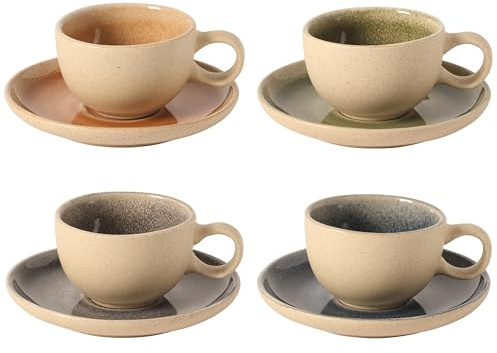 Gibson Elite Manila Bay 8-Piece Stoneware 5 oz Cup and Saucer Set, Reactive Glaze Espresso & Coffee Cups with Saucers, Assorted Colors