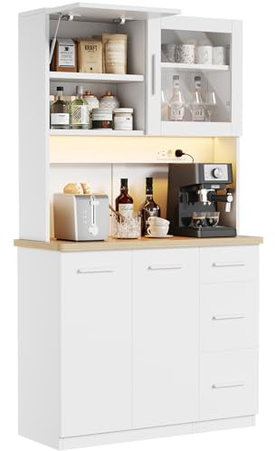 Devoko Armario Alto de Cocina con Luces LED y Enchufe, Mueble de Almacenamiento con 3 Cajones, Vitrina y Compartimentos Abiertos, Estantes Ajustables para Comedor,100x40x182cm (Blanco)
