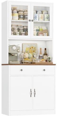 HOCSOK Armario de Cocina de 180 cm, Armario Buffet Blanco, aparador con encimera estantes Ajustables, 2 Puertas de Cristal y cajones, Cocina Buffet para Cocina, salón, 180 x 40 x 80 cm (Blanco)