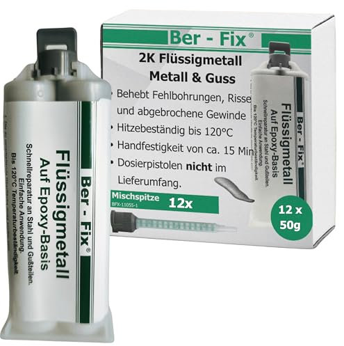 Ber-Fix Flüssigmetall 12x 50g, hitzebeständig, 2 Komponenten Kleber, Metallkleber, Metallspachtel, Kaltmetall, 120°C
