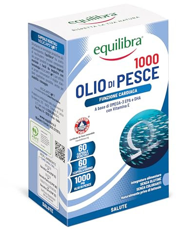 equilibra Integratori Alimentari, Olio di Pesce 1000, Integratore a Base Acidi Grassi Polinsaturi della Serie Omega-3 EPA e DHA, con Vitamina E, Normale Funzione Cardiaca, 60 Capsule Vegetali