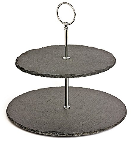 Alzata a 2 ripiani in ardesia di lusso per torte – Due piani di ardesia Cupcake piastre con supporto in metallo e maniglia per il trasporto