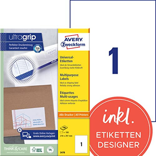AVERY Zweckform 3478 Universal Etiketten (100 Klebeetiketten, 210x297mm, Papier matt, bedruckbare Versandetiketten, selbstklebende Versandaufkleber mit ultragrip) 100 Blatt, weiß