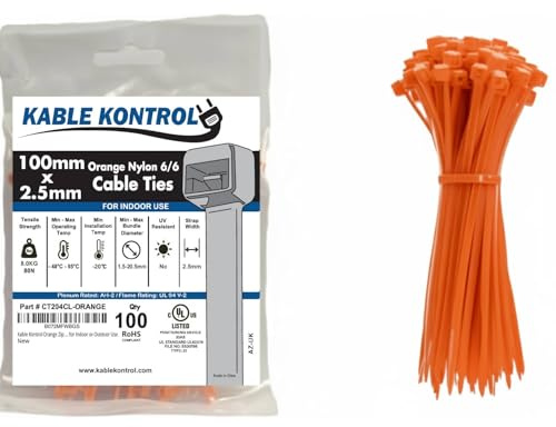 Kable Kontrol Orange Cable Ties, 100 mm x 2.5 mm, Pack of 100, 4 Premium Nylon Zip Ties, Multi-Purpose Plastic Tie Wraps, Secure Self-Locking Mechanism, for Home, Garden, Office and DIY