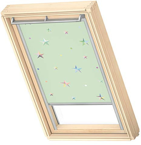 VELUX Original Dachfenster Verdunkelungsrollo für FK06, Grüne Sterne, mit Grauer Führungsschiene