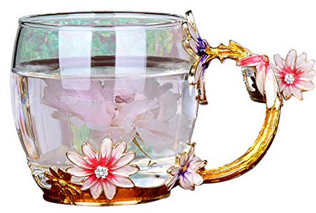 XuanMax Margarita Taza de Café de Esmalte de Vidrio Crisantemo Tazas de Té de Cristal Cristalina Hecho a Mano sin Plomo Copa Taza de Flores Transparente Regalo para Aniversario - Corto