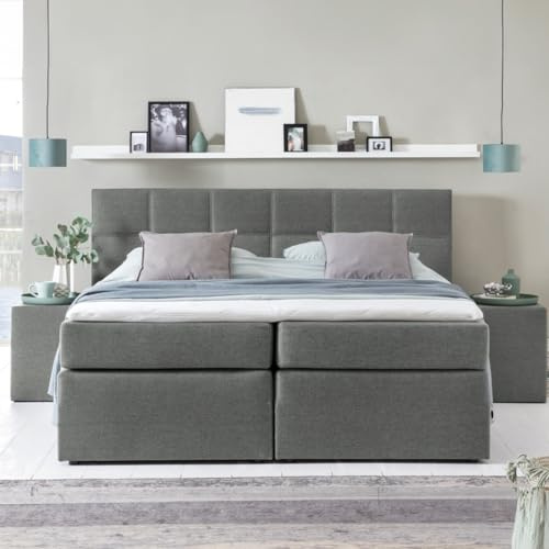 Furniture for Friends 3F Boxspringbett Bea 180x200 cm Hellgrau Härtegrad H3 | 7-Zonen Taschenfederkern Matratze + Visco Topper | mit Bettkasten für Stauraum