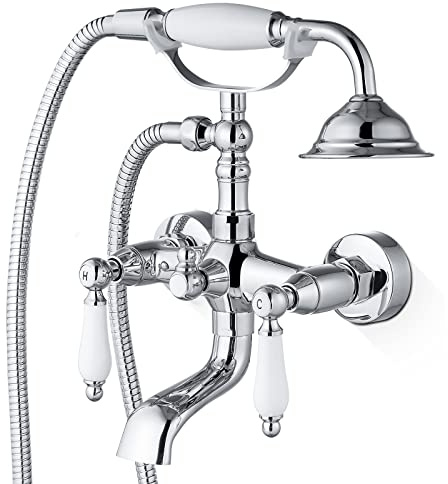 Airuida Wall Mount Bathtub Faucet with Telephone Handheld Sprayer, Double Hot and Cold Mixer, Lever Handles,Vintage Victorian Style Tub Filler Set Chrome Polish