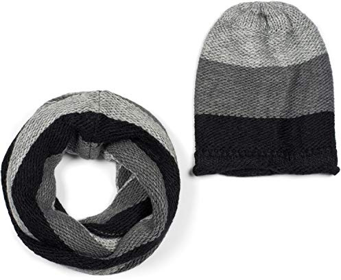 styleBREAKER Unisex Strick Loop Schal und Mütze Set mit Streifen Muster, Strickschal mit Beanie Strickmütze, Winter 01018215, Farbe:Grau-Schwarz