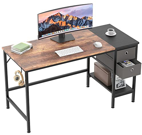 HOMIDEC Computer Desk with 2 Drawers, 120 cm Office Desk, Gaming Desk | PC Desk with Headphone Hook, Study Laptop Table with Shelves, Modern Work Desks for Home Office Bedroom, Vintage, 120x50x75cm