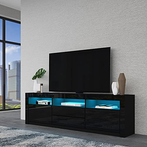 LED TV Stand Cabinet, Black Gloss TV Unit with LED Lights, Modern High Gloss TV Stand Unit with 2 Doors 2 Drawers and Open Shelves, TV Entertainment Unit for Living Room Home Furniture 160CM