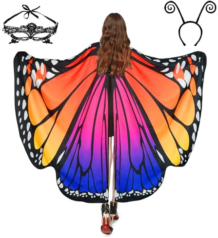 Sunlisky Schmetterling Kostüm Damen Schmetterlingsflügel Erwachsene Damen Umhang Verkleidung SchmetterlingsKostüm Zubehör 3 Set mit Gesichtsmaske Fühler Schmetterling Haarreif