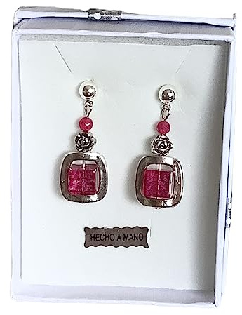 Anhur Pendientes Colgantes Cuadrados Cristal Fucsia Flor Pendientes Mujer en Zamak Boho Cierre a Presión