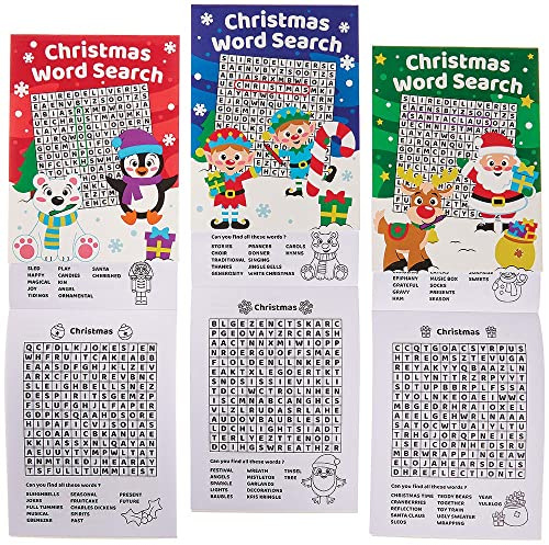 Baker Ross FX331 Wortsuchbücher Weihnachten-8er Pack, Ausmalen, Puzzles und Malen nach Zahlen für Kinder