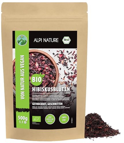 Alpi Nature Hibiscus BIO Tisane 500g, Fleurs et Pétales d'Hibiscus Séchés et Coupés, Thé en Vrac