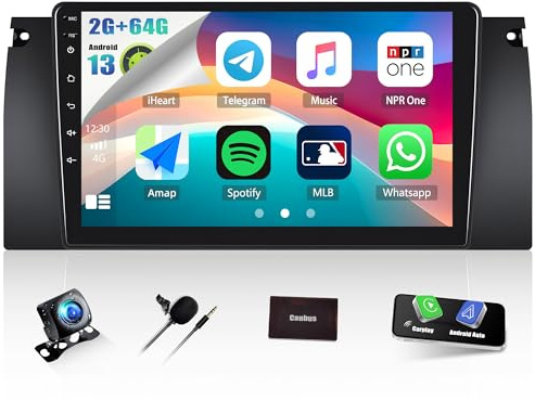 CAMECHO 2G+64G Android 13 Car Stereo for BMW X5 2000-2006 5 Series E39 1999-2004 with Wireless Carplay Android Auto, 9 Touch Screen Bluetooth Car Radio with GPS WiFi RDS FM HD Backup Camera