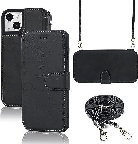 ELTEKER Hülle für iPhone 13 Handyhülle mit Band Crossbody Strap, Klapphülle mit dem Verstellbaren Umhängeband - Schwarz