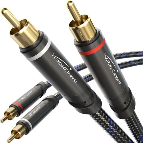 RCA/phono cable, 2×2 plugs – 1.5m – stereo audio cable, Nylon braided, break-proof metal plugs, flawless sound (coaxial, subwoofer/amp/HiFi/home cinema/Blu-ray, analog & digital) by CableDirect