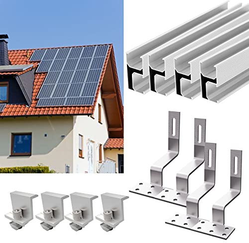 TEOV PV Montageset Ziegeldach Glasziegeldach, Befestigung Solarmodul Halterung mit 30cm Photovoltaik Montageschiene und Dachhaken, Solarpanel Halterung mit Endklemme, für 30~35mm 1 Solarmodule