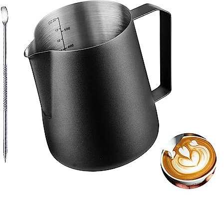 Milk Frothing Pitcher 20oz/600ml, Stainless Steel Espresso Steaming Pitcher Milk Jug, Perfect for Milk, Cream, Water, Juices, Smoothies (Black 600ML)