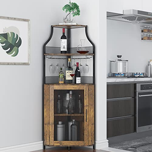 GAOMON Gabinete esquinero para vino con estante extraíble para vino, gabinete de vino y armario de bar para copas de vino con estante para copas y puerta de malla, gabinete de vino con partición