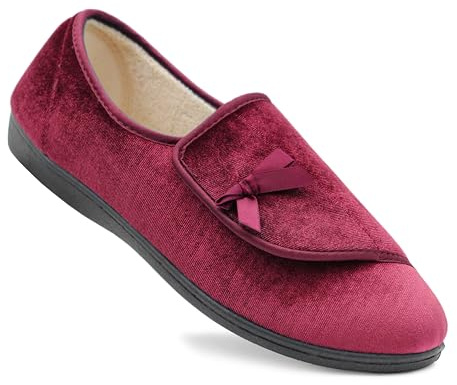 Dr Keller Womens Velour Faux Fur Lined Ladies Winter Wide Opening Diabetic Orthopaedic Slippers (Wine, UK Footwear Size System, Adult, Women, Numeric, Medium, 6)