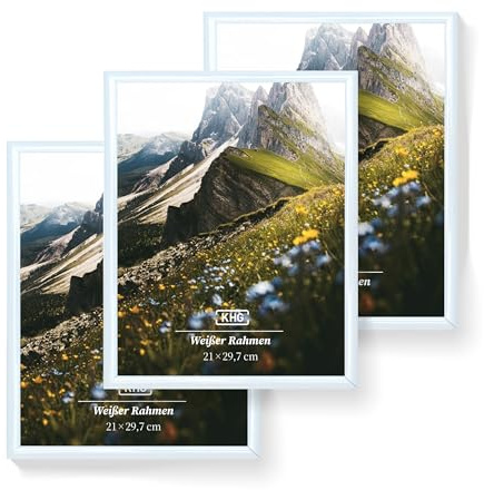 KHG Premium-Bilderrahmen 3er-Set 21x30 cm weiß, vielseitig einsetzbar | stabile Glasfront & Kunststoff-Rahmen für Fotos, Poster, Zertifikate & Collagen, praktisch im Alltag, für Zuhause
