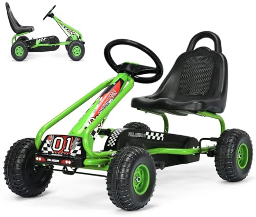 SOARS Voiture Enfant, Kart a Pedale avec Sièges Réglables en 2 Positions et 4 Roues Antidérapantes, Marche Avant et Arrière, Frein à Main, Charge Maximale 30kg, Cadeau Enfant 3-6 Ans, Vert