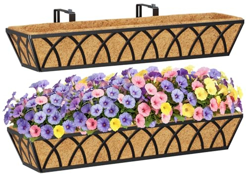 HFHOME 2Pcs 76.2cm/30in Wall Trough Rail Planters, Large Hanging Flower Baskets with Coco Liner and Adjustable Brackets, Metal Railing Planter Box for Window Box Porch Balcony Fences