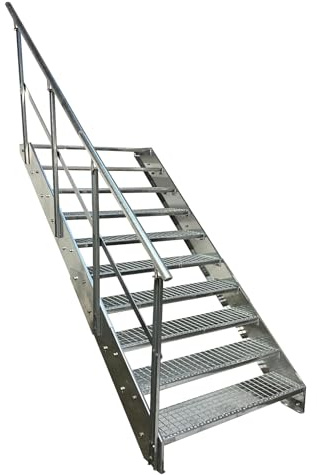 Kaminbau Mierzwa Escalier en acier de qualité supérieure avec garde-corps gauche, entièrement galvanisé, 10 marches en caillebotis, largeur : 1000 mm, hauteur : 190 cm, résistant aux intempéries, pour