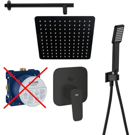 vanvilla Duschsystem Unterputz mit Duscharmatur Grohe schwarz GS01-ob | Duscharmatur von Grohe Cubeo Einhebelmischer und vanvilla Regendusche Duschkopf eckig, Dusch-SET schwarz matt