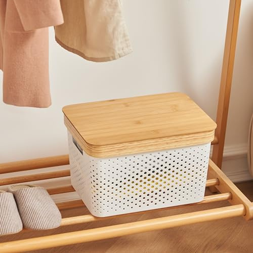 Eden & Willow Bamboo-Top Multipurpose Plastic Storage Basket - Sleek Home and Kitchen Storage Organiser with Easy-Grip Handles (17L, Porous)