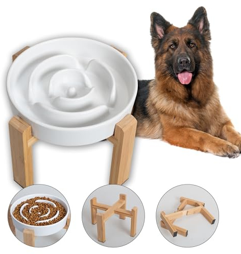 Comedero para Perro Antivoracidad de Cerámica Elevado - Cuenco Lento con Soporte de Bambú - Plato Laberinto para Perros Medianos y Grandes - Blanco - 22,5 cm