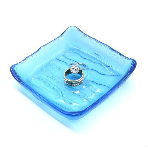 BIHOIB Glass Crystal Blue Ring Dish Jewelry Tray with Waves Patterns, Decorative Square Trinket Dish, Modern Accent Tray for Vanity
