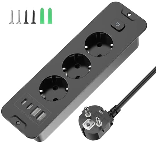 Versenkbare Steckdose 3-Fach, Einbau Steckdosenleiste mit 4 USB, Einbausteckdose Mehrfachsteckdose, Tischsteckdose mit 2 USB C, Tischplatte Versenkte Steckdose - 2m Kabel Schwarz Black