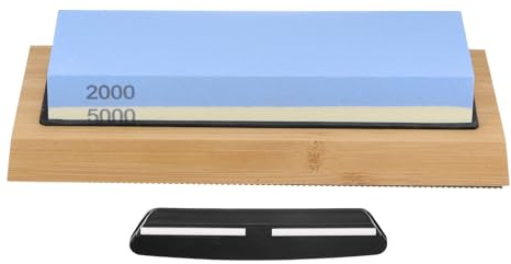 sourcing map 3pcs Knife Sharpening Stone Set 2000/5000 Grit Knife Sharpening Stone with Bamboo Base Angle Guide Sharpener Whetstone for Knives Scissors Kitchen, Blue/Yellow