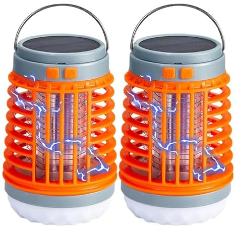 Exterminador de Insectos Solar con USB Recargable 2 en 1, lámpara eléctrica antimosquitos, lámpara UV, exterminador de Moscas para Acampar en Interiores y Exteriores, 2 Unidades,B-2PACK