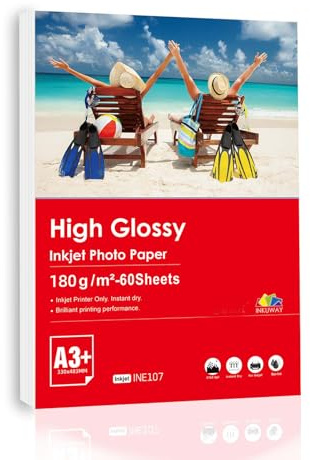 Inkuway 60 x A3 Plus A3+ 180 gsm fotopapper med hög glans 13 x 19 tum bläckstråleskrivare för gör-det-själv-bläckstråleskrivare för fotoutskrifter.