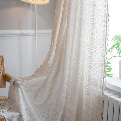 Freyamy Geometrisch Gardinen Transluzente Bestickte Beige Vorhänge mit Stangedurchzug,Outdoor Baumwolle Quasten Stangentaschenvorhang Blickdicht Verdunklungsvorhänge Vorhang 2x220x140cm (HxB)