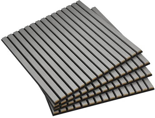 HOMCOM 4 Pack 3D Acoustic Panels, 24 x 24 Soundproof Wood Panels for Wall, Wood Slat Wall Paneling for Interior Ceiling, Office, Home Theater, Studio, Gray