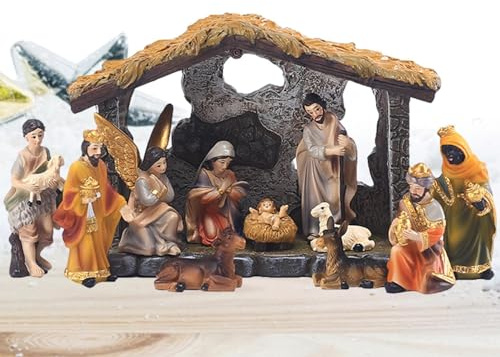 2Set Set Di Presepi Natalizi -12 Pz Presepe Statuine In Resina | Set Di Statuette Della Natività Della Sacra Famiglia | Statua Della Natività In Miniatura Con Figure E Stalla Per Decorazioni Natalizie