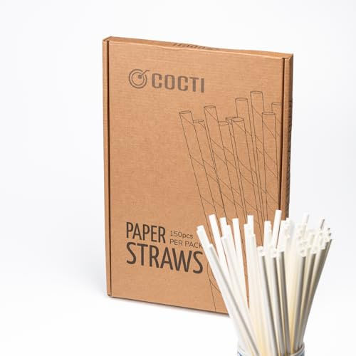 Cocti Pajitas de Papel - 100% Biodegradables, Duraderas, Sin Mal Sabor a Papel, Aptas para Bebidas Frías - 200mm x 6mm, Blancas 300uds.